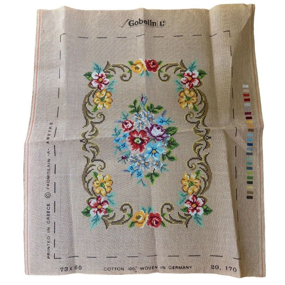 Vintage Gobelin Needlepoint Canvas 73x60cm Printed Greece 100% Cotton Germany